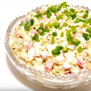 Salads with crab sticks, Chinese cabbage and corn